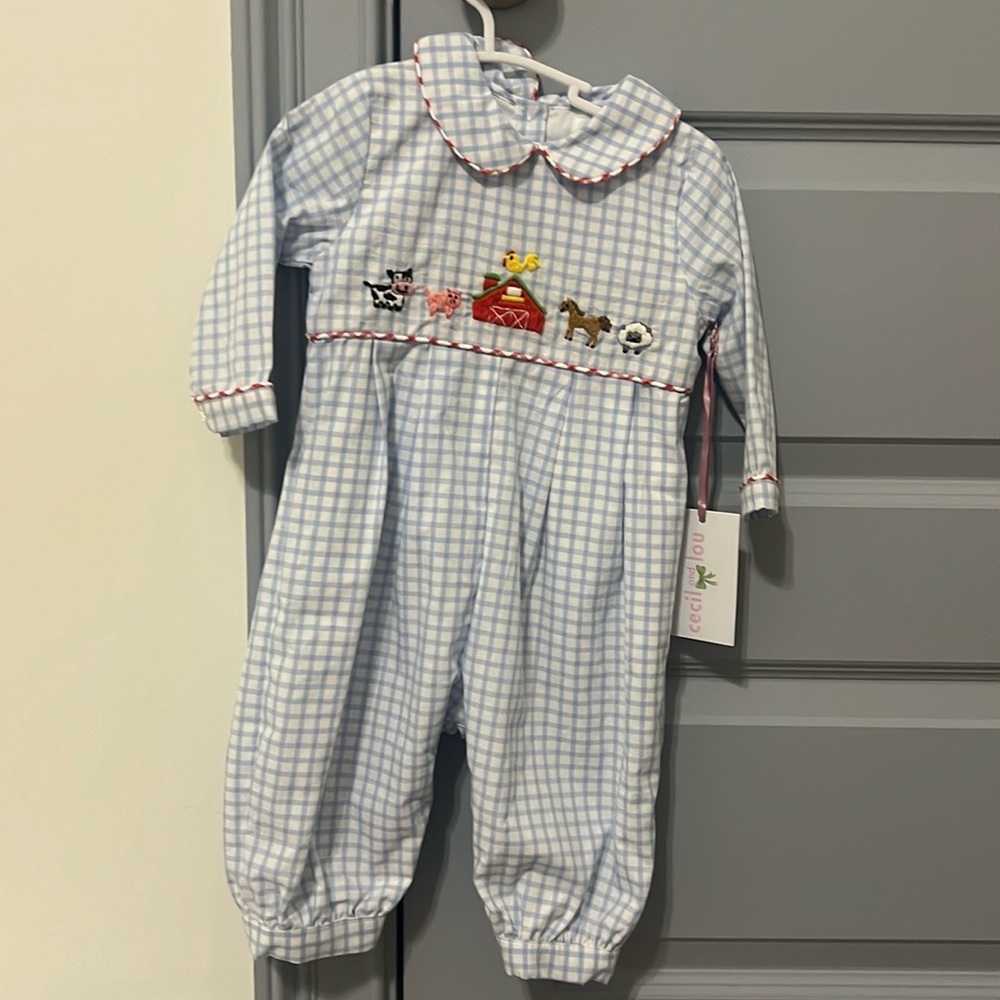 NWT blue gingham farm long romper Cecil and Lou 6 months